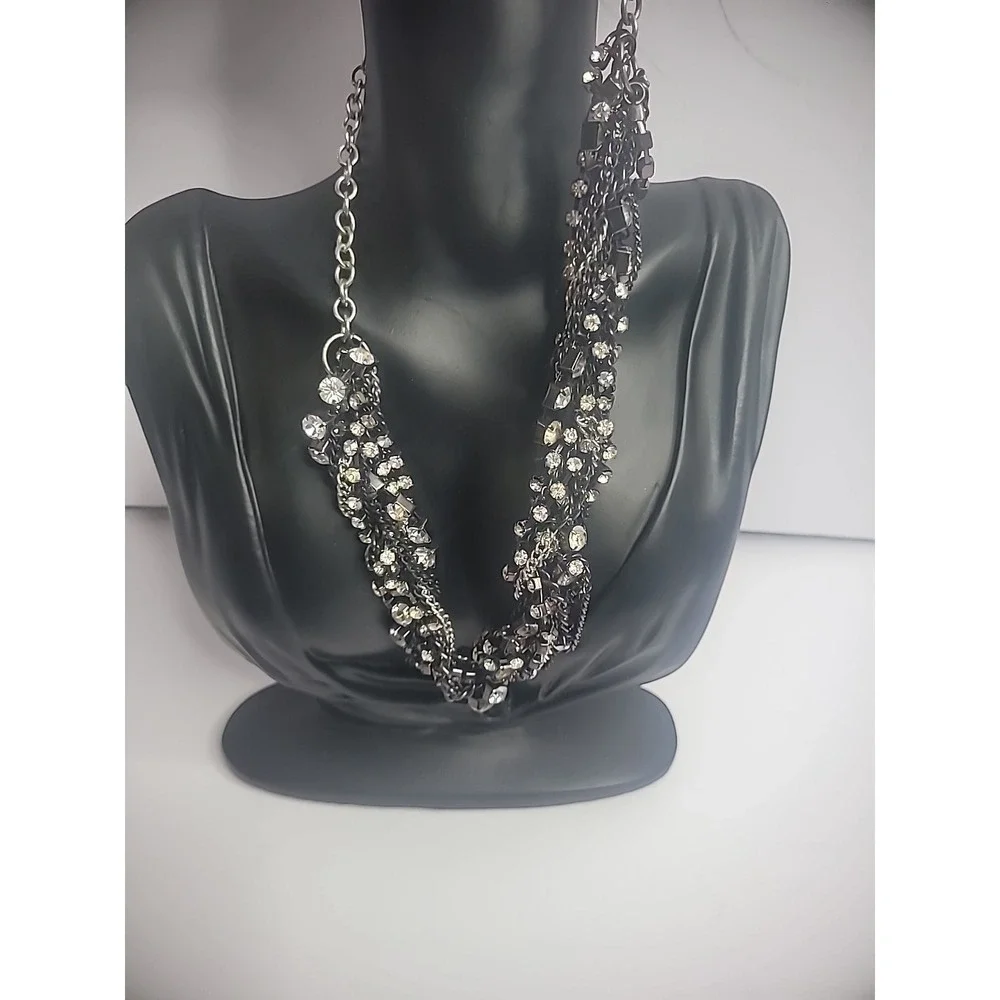 Vintage Silver Black Chain Crystals White Twisted Statement Jewelry Costume